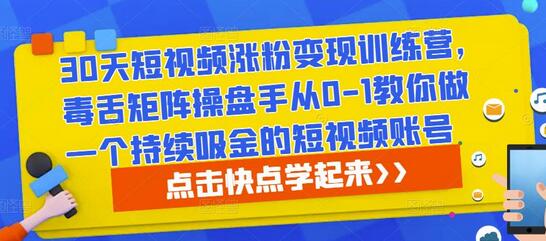 30天短视频涨粉变现训练营,毒舌矩阵操盘手从0-1教你做一个持续吸金的短视频账号-冒泡网