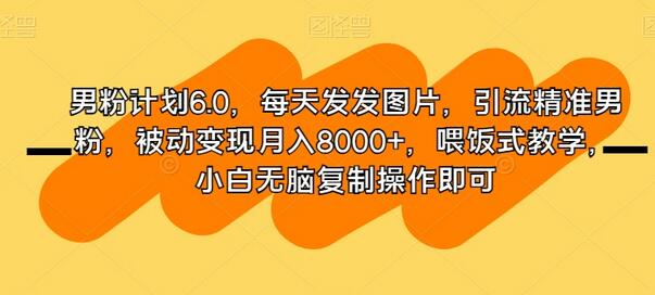 男粉计划6.0，每天发发图片，引流精准男粉，被动变现月入8000+，喂饭式教学，小白无脑复制操作即可-冒泡网