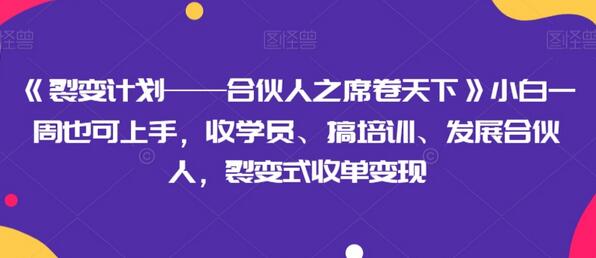 《裂变计划——合伙人之席卷天下》小白一周也可上手，收学员、搞培训、发展合伙人，裂变式收单变现-冒泡网