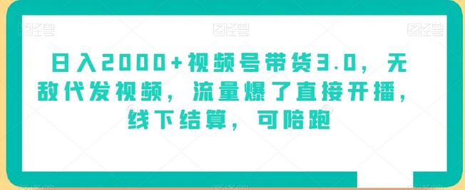 日入2000+视频号带货3.0，无敌代发视频，流量爆了直接开播，线下结算，可陪跑-冒泡网