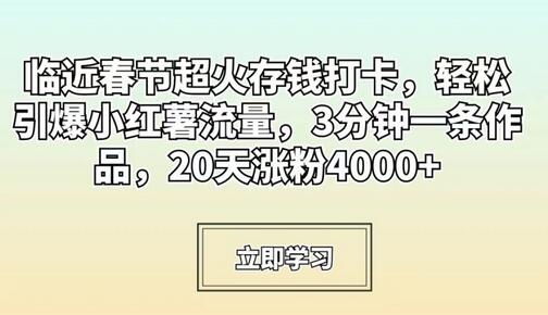 临近春节超火存钱打卡,轻松引爆小红薯流量,3分钟一条作品,20天涨粉4000+-冒泡网