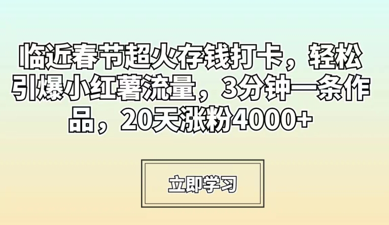临近春节超火存钱打卡,轻松引爆小红薯流量,3分钟一条作品,20天涨粉4000+【揭秘】-冒泡网