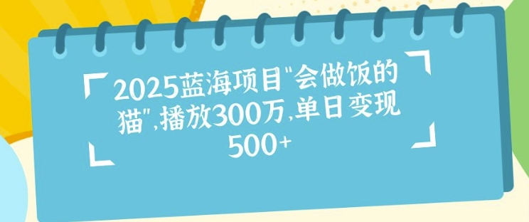 2025蓝海项目“会做饭的猫”，播放300万，单日变现多张-冒泡网