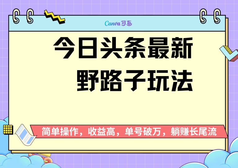 头条最新野路子玩法，无成本简单上手，无脑操作，新手单号过W-冒泡网