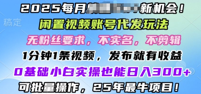 2025闲置视频账号一键代发玩法，0粉不实名不剪辑，领了视频直接发，0基础小白也能日入3张-冒泡网