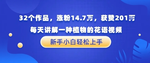 32个作品,涨粉14.7W,获赞201W,每天讲解一种植物的花语视频,无需任何技巧,新手小白轻松上手-冒泡网