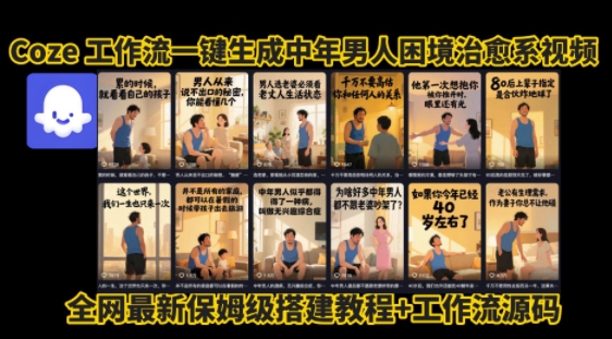 coze工作流一键生成”中年男人困境扎心高涨粉高播放量图文视频”保姆级拆解教程,无需剪辑,无需拍摄写文案-冒泡网