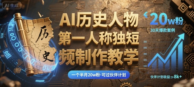 最新AI历史人物第一人称独白短视频制作教学,一个半月20w粉,可过伙伴计划-冒泡网