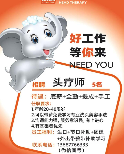 广场二路洗头象头疗吧新店筹备招聘头疗师3名 广场二路洗头象头疗吧新店筹备招聘头疗师3名
