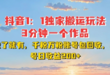 DY独家1：1搬运玩法，3分钟搞定一个作品，千粉万粉账号包回收，单号日收益2张-蜗牛学社