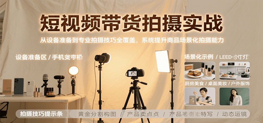 短视频带货拍摄实战,从设备准备到专业拍摄技巧全覆盖,系统提升商品场景化拍摄能力-冒泡网