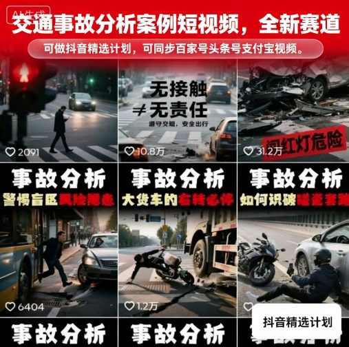 交通事故分析案例短视频,全新赛道,可做抖音精选计划,可同步百家号头条号支付宝视频号平台-冒泡网