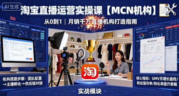 淘宝直播运营实操课【MCN机构】,从0到1做一家月销千W的直播机构-冒泡网