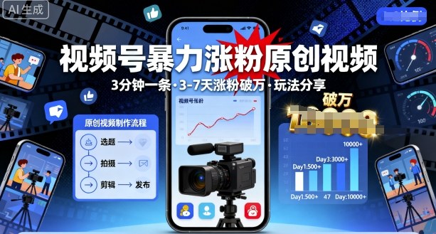 视频号暴力涨粉原创视频,3分钟一条原创视频,3-7天涨粉破万,玩法分享给你-冒泡网