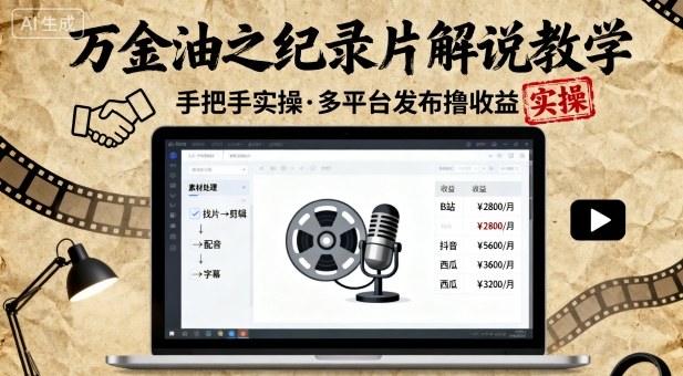 万金油之纪录片解说教学,手把手教你,完全实操,多平台发布撸收益-冒泡网