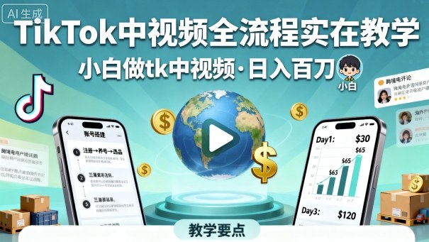 TikTok中视频全流程实操教学,小白做tk中视频,日入百刀-冒泡网