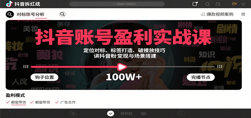抖音账号盈利实战课,定位对标、标签打造、破播放技巧,讲涨粉变现与场景搭建-冒泡网
