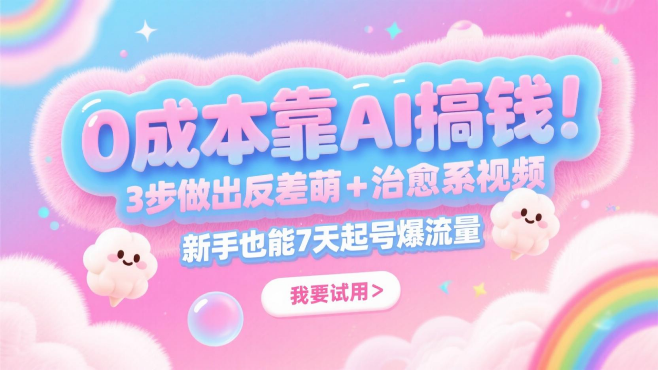 0成本靠AI搞钱！3步做出反差萌+治愈系视频，新手也能7天起号爆流量，月入5位数-冒泡网