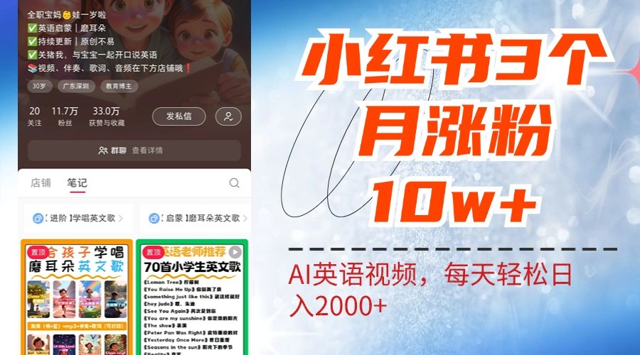 小红书三个月涨粉10W,AI英语视频0成本制作,每天轻松日入2000+-冒泡网