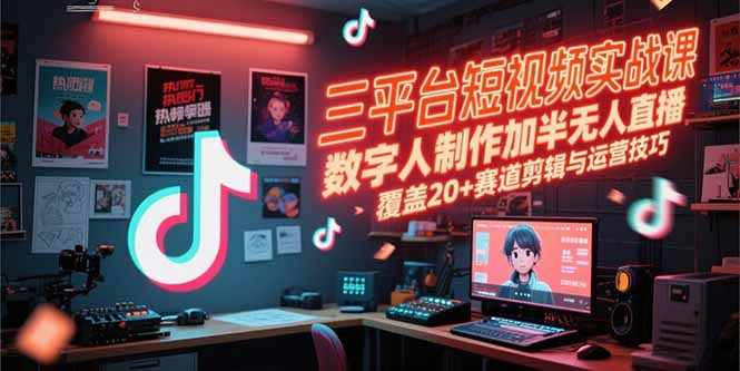 三平台短视频实战课,数字人制作加半无人直播,覆盖20+赛道剪辑与运营技巧-冒泡网