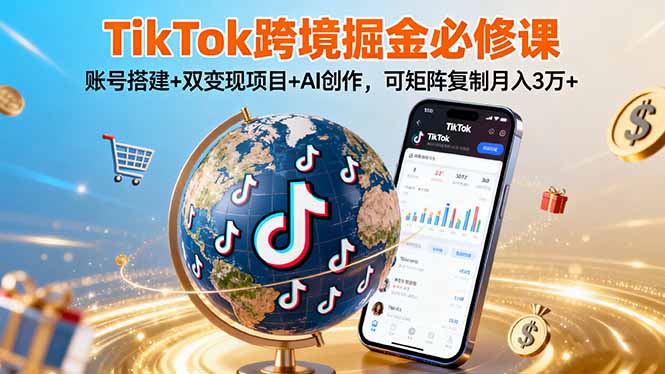 TikTo跨境掘金必修课,账号搭建+双变现项目+AI创作,可矩阵复制月入3万+-冒泡网