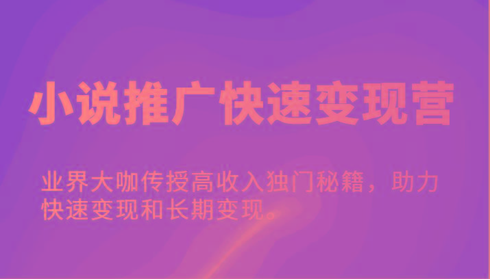 小说推广快速变现营-业界大咖传授高收入独门秘籍，助力快速变现和长期变现。-冒泡网