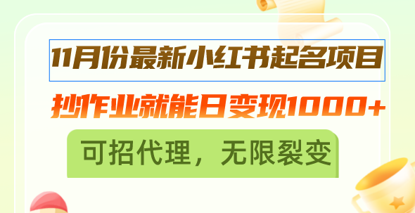 11月份最新小红书起名项目，抄作业就能日变现1000+，可招代理，无限裂变-冒泡网
