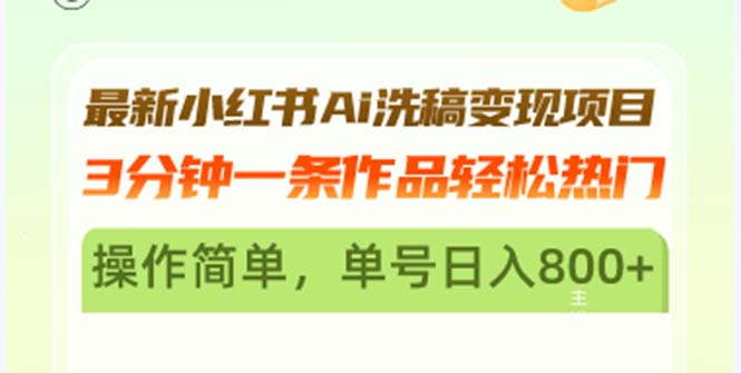 最新小红书Ai洗稿变现项目 3分钟一条作品轻松热门 操作简单，单号日入800+-冒泡网