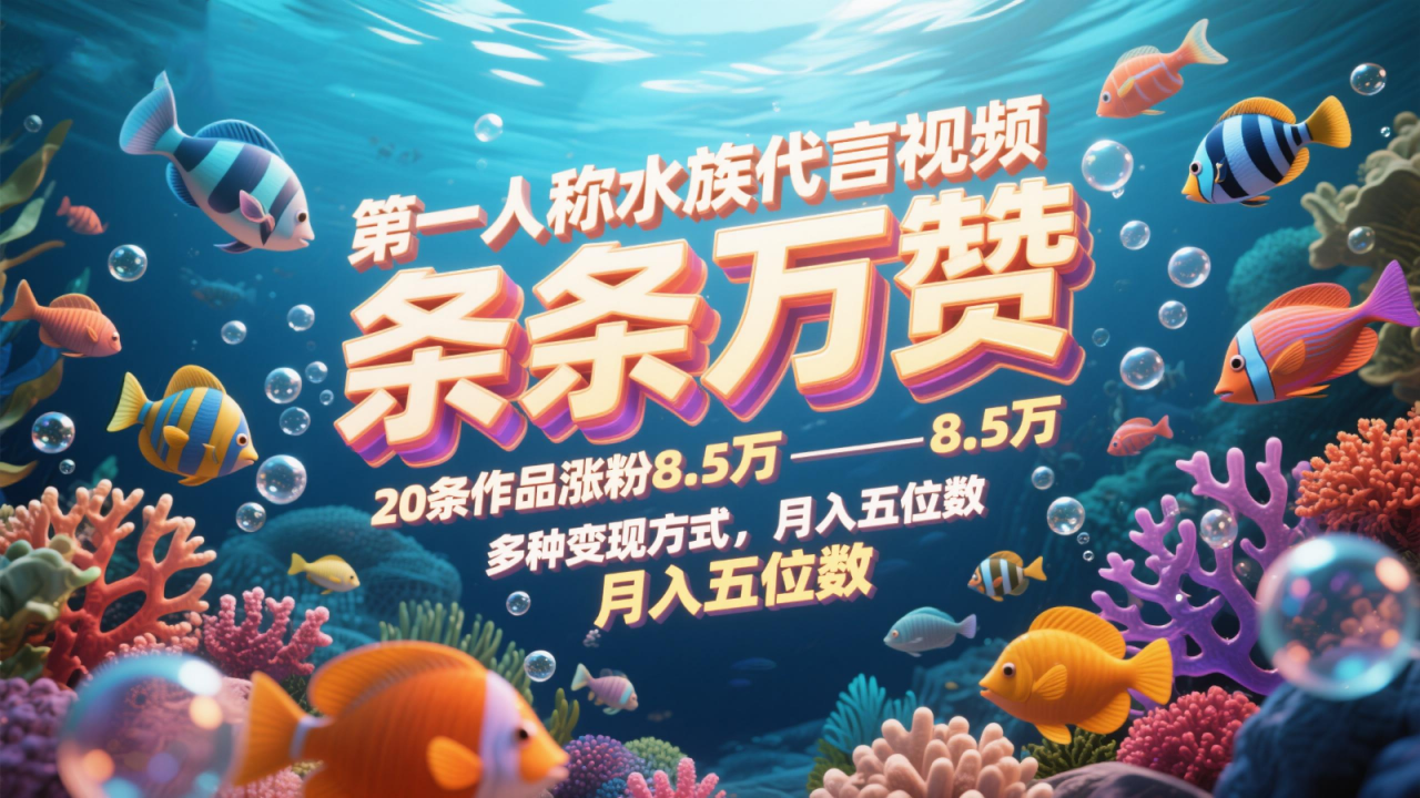 第一人称水族代言视频,条条万赞,20条作品涨粉8.5万,多种变现方式月,入五位数-冒泡网