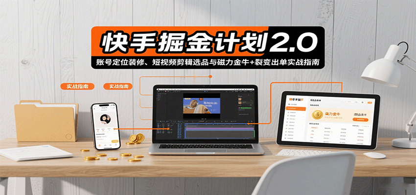快手掘金计划2.0,账号定位装修、短视频剪辑选品与磁力金牛+裂变出单实战指南-冒泡网