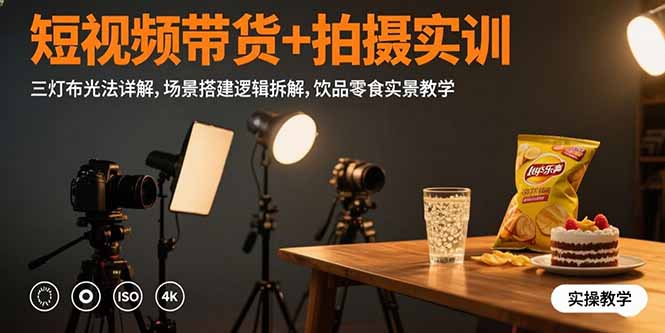 短视频带货+拍摄实训:三灯布光法详解,场景搭建逻辑拆解,饮品零食实景教学-冒泡网