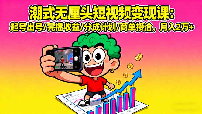 潮式无厘头短视频变现课：起号出号/完播收益/分成计划/商单接洽，月入2万+-冒泡网