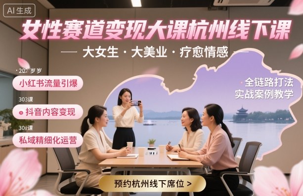 女性赛道变现大课杭州线下,大女生,大美业,疗愈情感,一套小红书、抖音、私域全链路打法-冒泡网