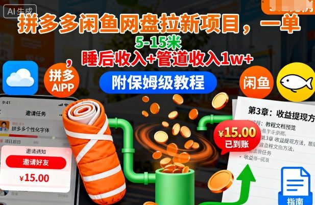 拼多多闲鱼网盘拉新项目，一单5-15米，睡后收入+管道收入1w+（附保姆级教程）-冒泡网