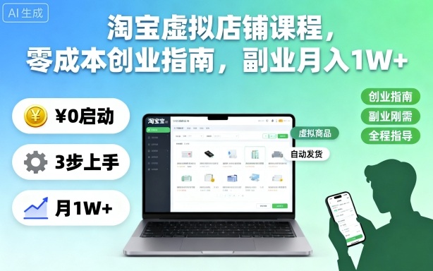 淘宝虚拟店铺课程,零成本创业指南,副业月入1W+-冒泡网