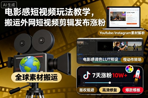 电影感短视频玩法教学,搬运外网短视频剪辑发布涨粉-冒泡网