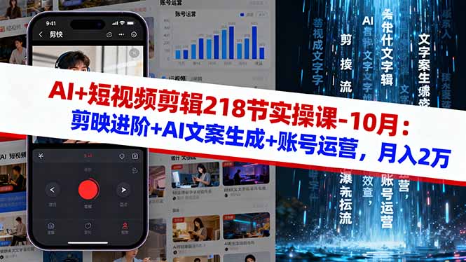 AI+短视频剪辑218节实操课-10月:剪映进阶+AI文案生成+账号运营,月入2万-冒泡网