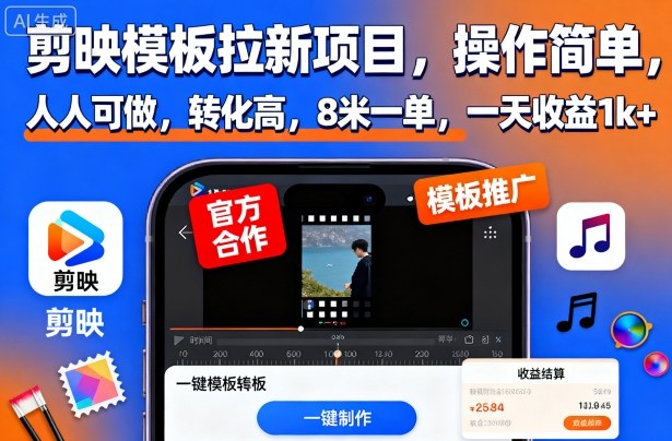 剪映模板拉新项目，操作简单，人人可做，转化高，8米一单，一天收益1k+-冒泡网