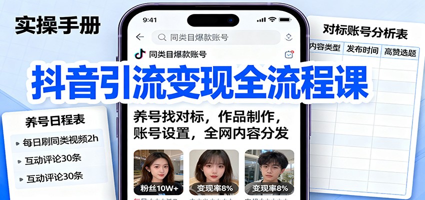 抖音引流变现全流程课:养号找对标,作品制作,账号设置,全网内容分发-冒泡网