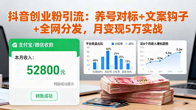 抖音创业粉引流:养号对标+文案钩子+全网分发,月变现5万实战-冒泡网