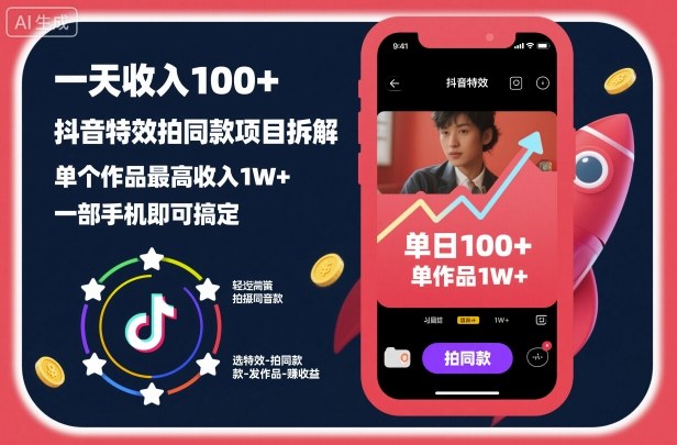 一天收入100+,抖音特效拍同款项目拆解,单个作品最高收入1W+,一部手机即可搞定-冒泡网