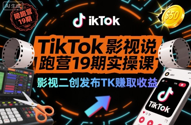 TikTok影视解说陪跑营19期实操课，影视二创发布TK賺取收益，万播收益50美金-冒泡网