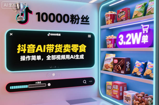 抖音AI带货卖零食,操作简单,全部视频用AI生成,一万粉丝,卖了3.2W单-冒泡网