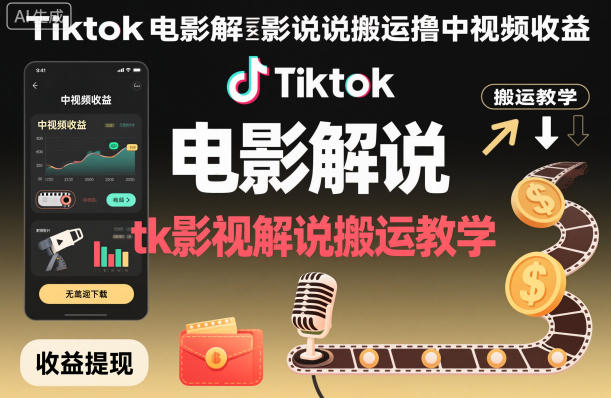 Tiktok电影解说搬运撸中视频收益,tk影视解说搬运教学-冒泡网