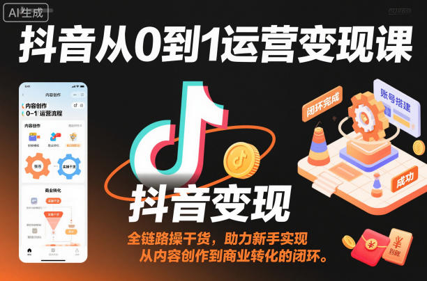 抖音从0到1运营变现课，全链路实操干货，助力新手实现从内容创作到商业转化的闭环-冒泡网