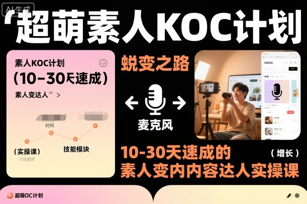 超萌素人KOC计划，10-30天速成的素人变内容达人实操课，适合想做短剧小说推文电商推广的素人入局-冒泡网