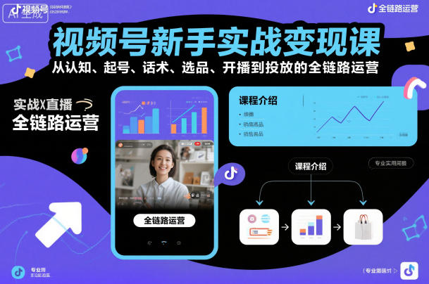 视频号新手实战变现课,从认知、起号、话术、选品、开播到投放的全链路运营-冒泡网