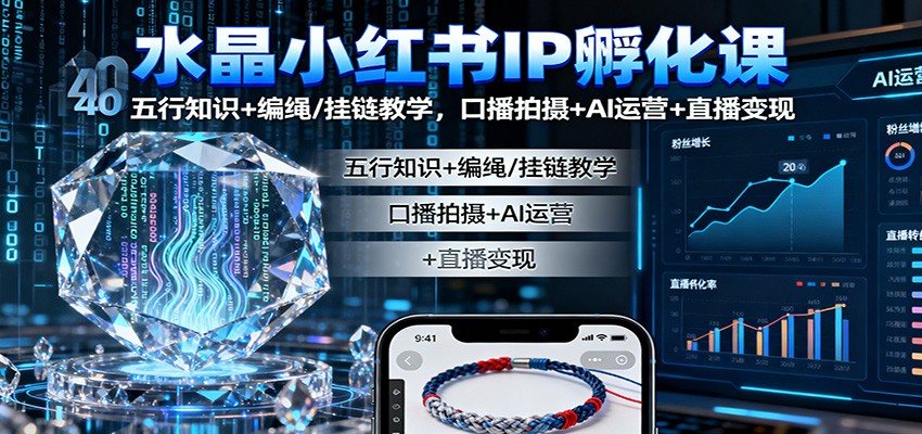 水晶小红书IP孵化课：五行知识+编绳/挂链教学，口播拍摄+AI运营+直播变现-冒泡网