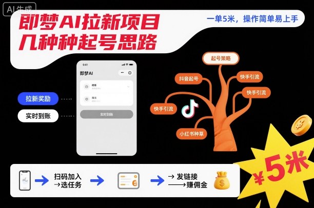 即梦AI拉新项目几种起号思路，一单5米，操作简单易上手-冒泡网