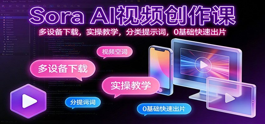 Sora AI视频创作课：多设备下载，实操教学，分类提示词，0基础快速出片-冒泡网